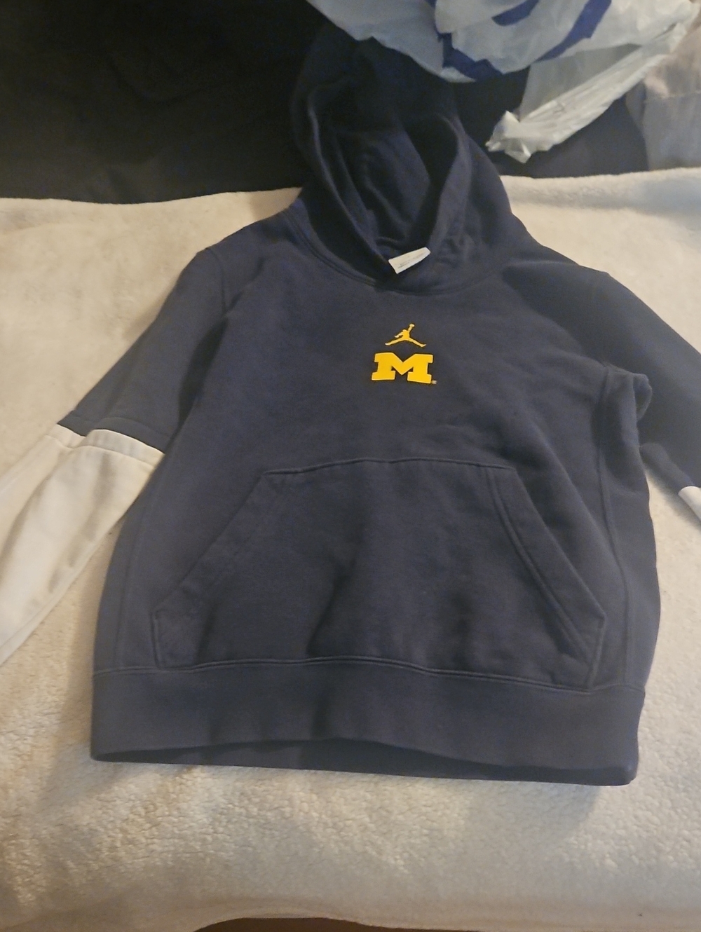 Jordan Kids Navy Michigan Hoodie with Yellow 'M' Logo and White Sleeve Panels